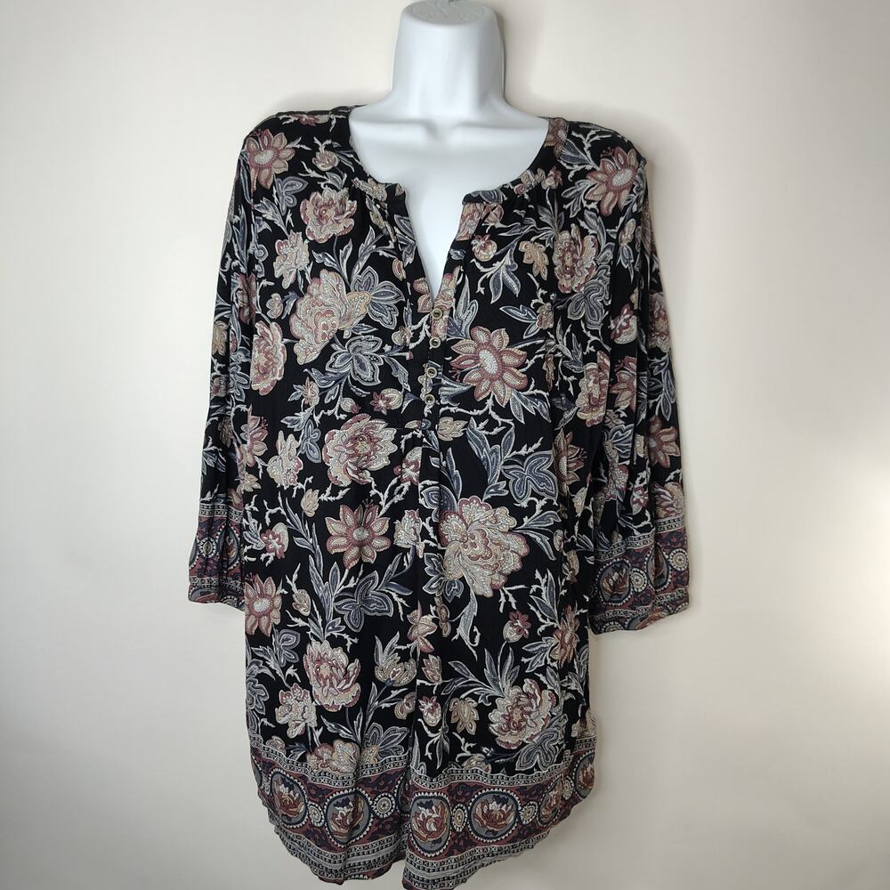 Lucky Brand Tunic Top Womens 1X 3/4 Sleeve Split Neck Flowy Boho Fairy Floral